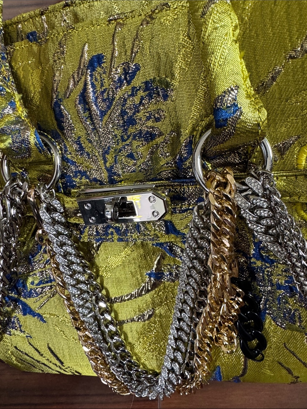 Akira lime green and blue Floral Brocade Spike Chain Handbag - Picture 3 of 6